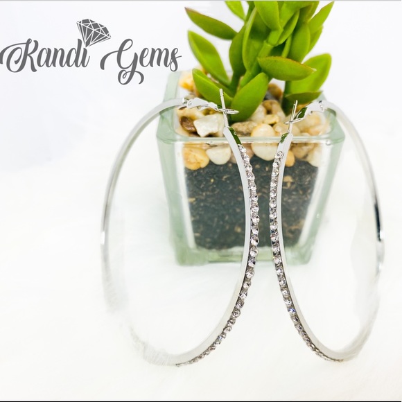 Big Silver Rhinestone Hoop Earrings Bling Earrings - Picture 2 of 3